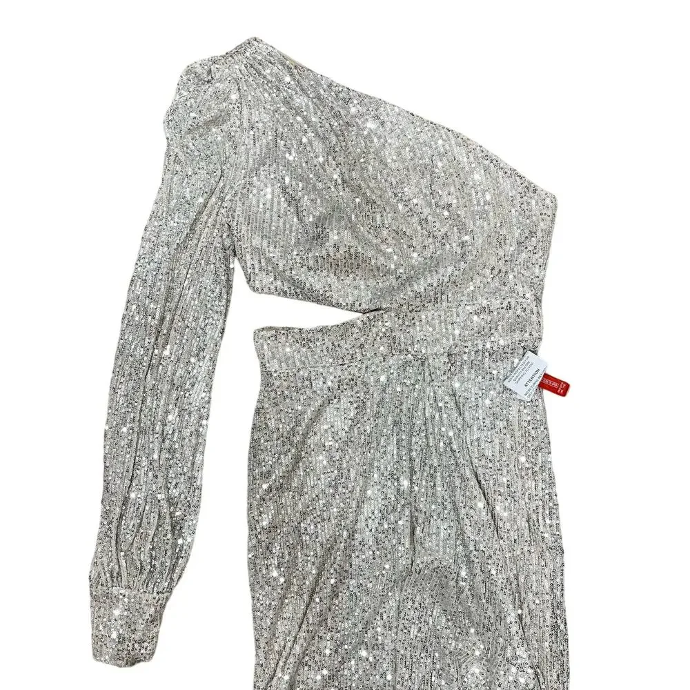 IEENA FOR MAC DUGGAL 26730 Sequined One Shoulder Cut Out Gown Silver 8 NEW_4